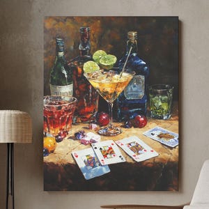 Arte murale da bar con cocktail e carte, arte murale da cocktail Moody, arte murale da carrello bar, stampa da carrello bar, decorazioni per carrello bar, arte murale da cucina, arte da caverna dell'uomo
