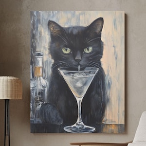 Bar Wall Art, Black Cat with Martini Art Print, Cute Quirky Whimsical, Cocktail Art Bar Cart Decor, Fine Art Print Gift