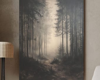 Moody Forest Canvas Art: Gothic Foggy Woodland Landscape Print