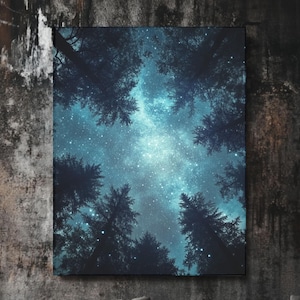Mystische Sternennacht Leinwand Wandkunst, Kunst des Nachthimmels, Wohnzimmer Dekor, Nachtansicht Leinwand, Wald Landschaft, Wohndekor