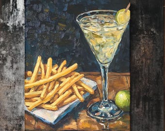 Dirty Martini & Fries Oil Painting: Retro Bar Cart Canvas Print Wall Art