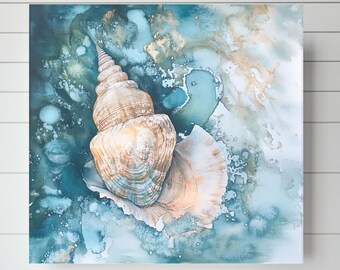 Pode incluir: Uma concha com um padrão em espiral é pintada em tons de marrom e bege sobre um fundo de aquarela azul e dourado.