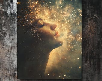 Stardust Canvas Art: Celestial Woman, Moody Academia Decor