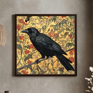 Black Crow William Morris Canvas Wall Art Print, Vintage Victorian Bird Gift For Her Cottagecore Dark Academia Decor, Mid Century Botanical