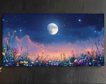 Moonlit Wildflower Meadow Canvas Art: Rustic Night Landscape Wall Decor