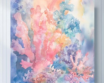 May include: Abstract watercolor painting of coral reefs in shades of pink, blue, and purple. The painting has a soft, dreamy feel and would be a beautiful addition to any home.