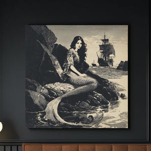 Vintage Mermaid Wall Art – Vintage Siren on Rock w/ Ship, Dark Academia Aesthetic, Mystical Fantasy Poster or Canvas Home Decor
