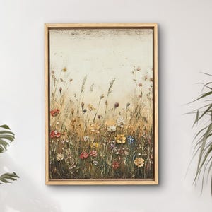 Vintage Wildflower Field Canvas Art: Farmhouse Floral Landscape