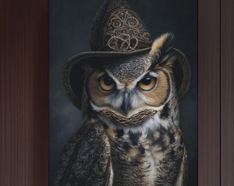 Dark Fantasy Owl Oil Painting: Gothic Witch Hat Halloween Decor