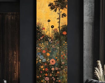 Klimt-Inspired Wildflower Garden Canvas: Tall Narrow Botanical Wall Art