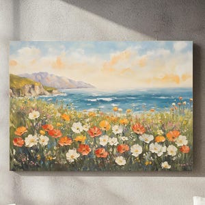 Wildflower Field Canvas Art: Coastal Farmhouse Landscape, Ready to Hang