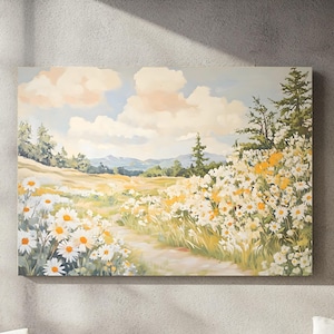 Vintage Wildflower Field Canvas Art: Neutral Floral Landscape Painting