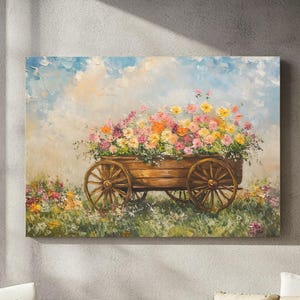 Vintage Wildflower Cart Canvas Wall Art – Spring Floral Painting, Rustic Farmhouse Garden Decor, Country Cottage Wall Print