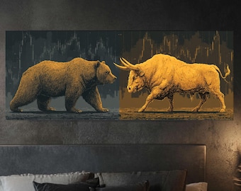 Bull and Bear Canvas | Stock Market Chart Art, Trader Decor