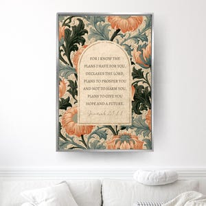 May include: A rectangular wall art print featuring a floral pattern of orange chrysanthemums and dark green foliage. Centered is an arched cream-colored plaque with the text: For I know the plans I have for you, declares the Lord, Jeremiah 29:11.