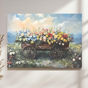 Vintage Spring Wildflower Cart Canvas Wall Art – Rustic Floral Painting, Cottagecore Farmhouse Decor, Art for Kitchen