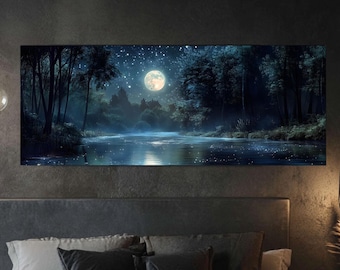 Moonlit River Canvas Art: Panoramic Forest Landscape Print