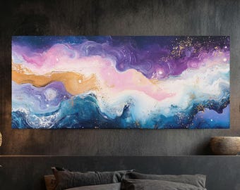 May include: Abstract painting with swirling blue, purple, and gold colors. The painting has a textured, glittery finish.