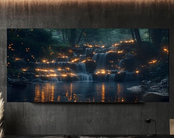 May include: A dark, moody photograph of a waterfall cascading over rocks in a forest. The water is illuminated by glowing lights, creating a magical and ethereal atmosphere.