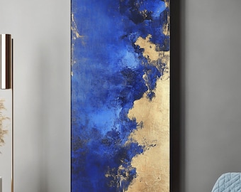 Großes abstraktes Ölgemälde auf hoher Leinwand, Blaue strukturierte Wandkunst, Goldakzent-Leinwandkunst, modernes Wanddekor, Wohnzimmer-Wanddekor
