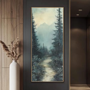 Foggy Forest canvas wall art Nature print Mountain Forest Misty Tall Narrow Modern Living room decor Pine Trees print Large canvas art