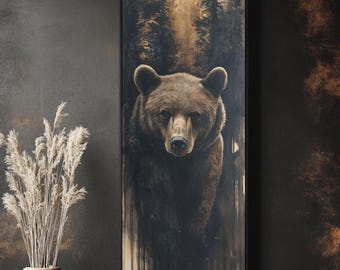 Vintage Grizzly Bear Canvas Art: Rustic Woodland Wildlife Painting