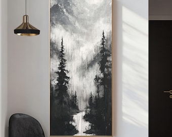 Black and White Misty Mountain Canvas Art: Vintage Forest Print