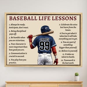 May include: A framed print featuring a baseball player in a blue jersey with the name "James" and the number "99". The print includes "Baseball Life Lessons" and twelve motivational statements. The frame is a light brown color.