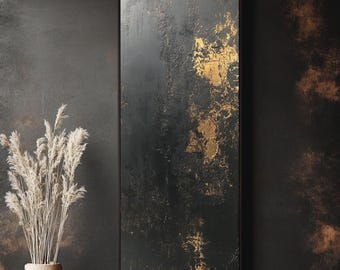 Großes schmales gedämpftes strukturiertes Gemälde mit Goldakzenten, minimalistisches vertikales modernes Wohndekor, Vintage schwarze abstrakte Leinwand-Wandkunst