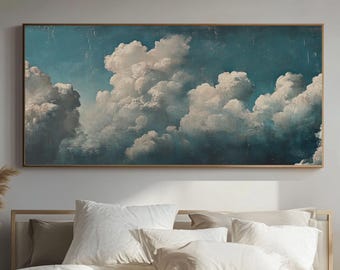 Emerald Green Cloud Canvas Art: Moody Sky Bedroom Decor