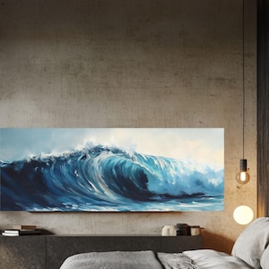 Original Ocean Wave Painting On Canvas, Large Wall Art, Abstract Minimalist Painting, Custom Blue Sea Wall Art Living Room Decor Gift