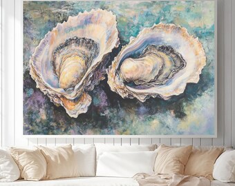 Oversized Oyster Canvas Art: Coastal Pastel Painting for Beach House