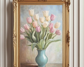 Vintage Tulip Vase Print: Muted Floral Painting, Cottagecore Decor (Digital Download)