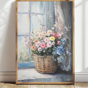 Vintage Spring Flower Basket Digital Print – Muted Kitchen Window Floral Wall Art, Neutral Botanical Painting, Printable Farmhouse Cottage