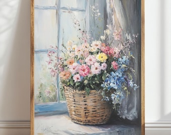 Vintage Floral Basket Print: Muted Spring Flowers, Farmhouse Art (Digital Download)