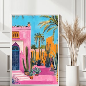 Marrakesch Gartenwandkunst - Buntes Gouache Poster mit Kakteen und Palmen, rosa Wand marokkanischer Druck, lebendiges gerahmtes botanisches Dekor