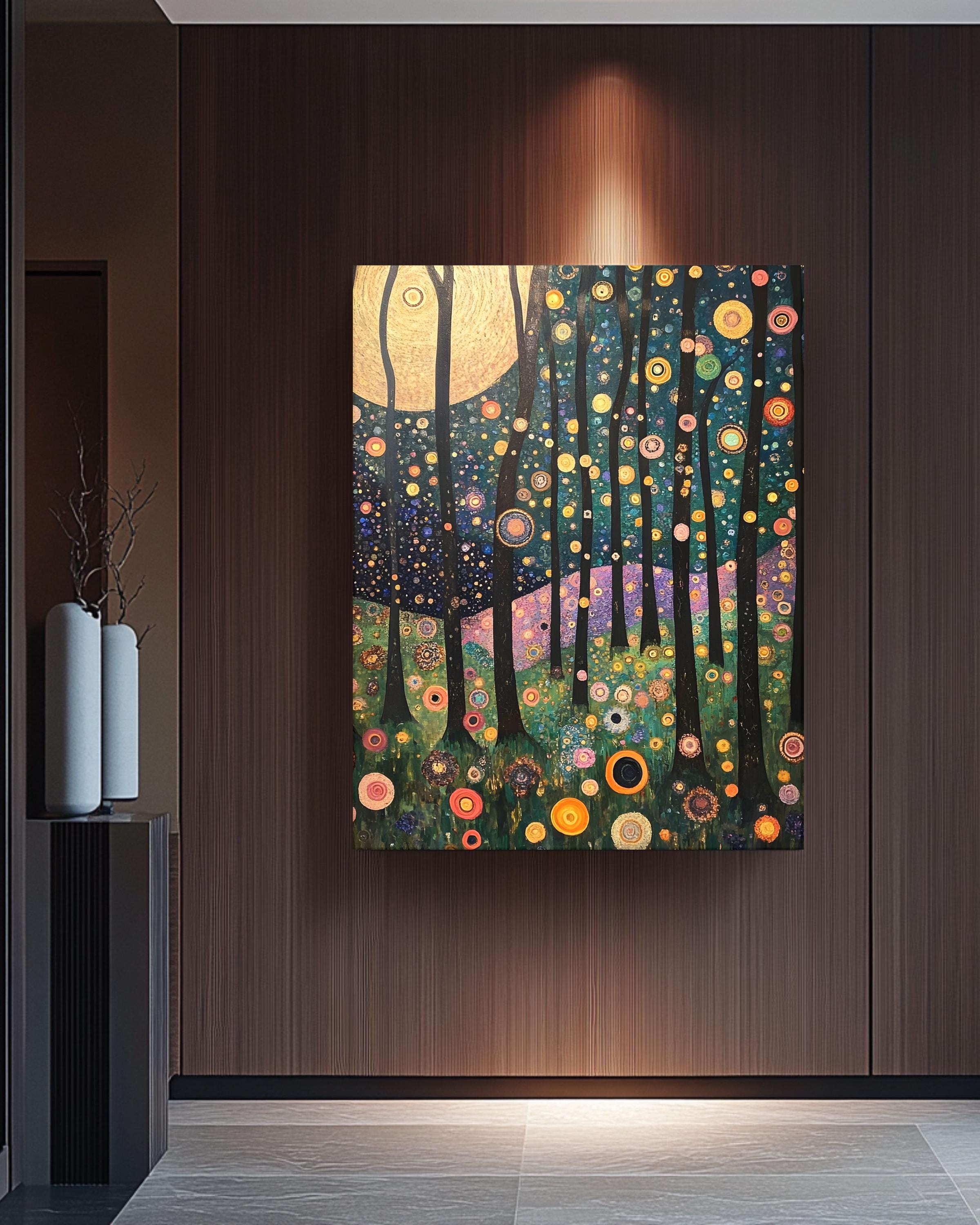 クリムト風の森のキャンバスアート：黄金の木の抽象的な風景画 - Etsy 日本