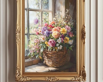 Vintage Floral Basket Print: Muted Kitchen Window Still Life (Digital Download)