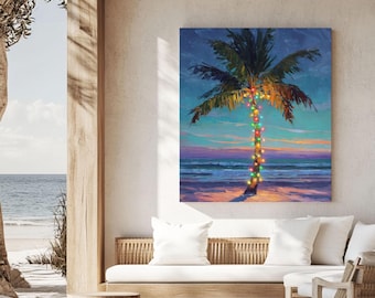 Palm Tree and Christmas lights Canvas Art: Coastal Christmas Wall Decor
