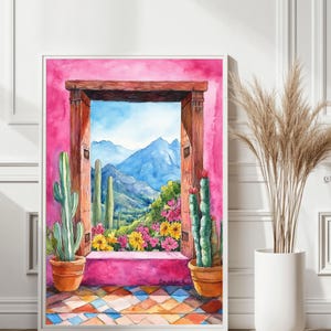 Mexikanische Fensteransicht Poster - La Huasteca Berglandschaft, bunte Kaktuskunst, rosa Wandfliesendekor, lebendiger kultureller Druck