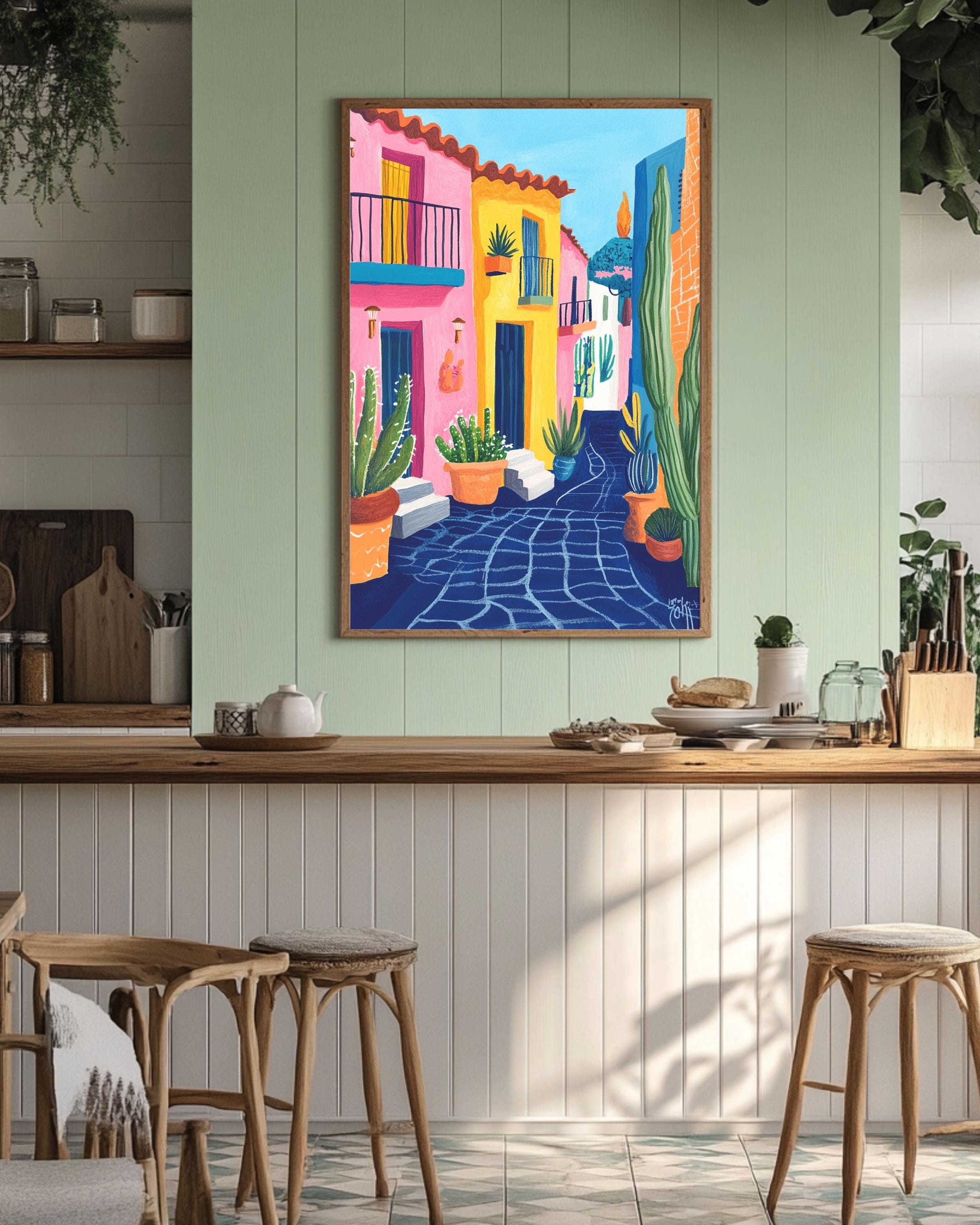 Mexican Village Canvas Wall Art: Colorful Mexico Landscape Print