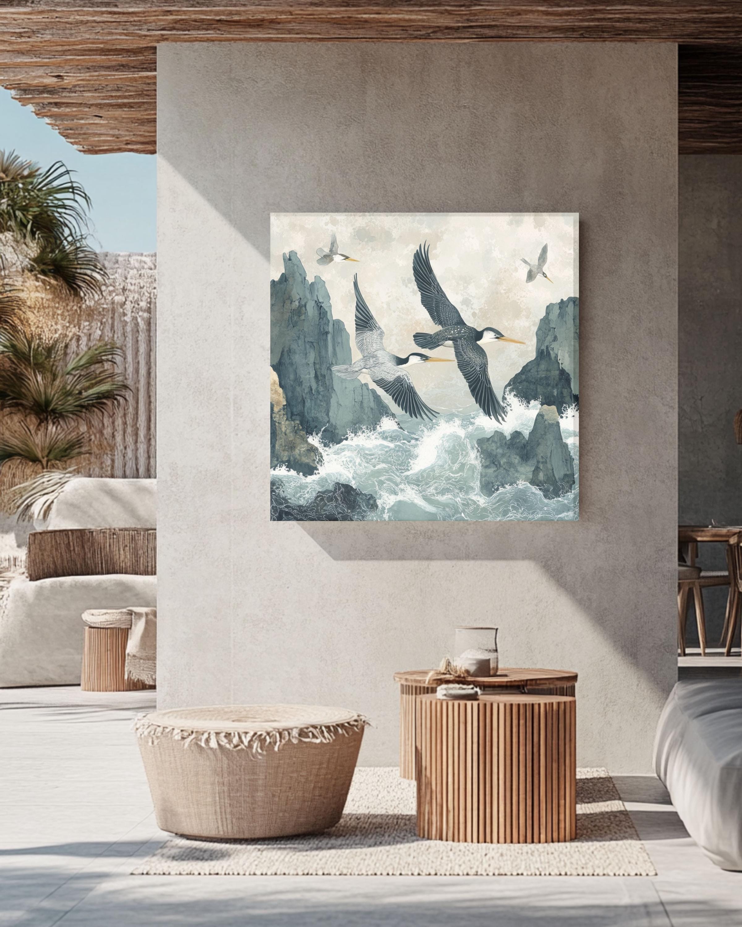 海辺の鳥たち 水彩画 シルバー額縁 海辺の鳥たち 水彩画 シルバー額縁