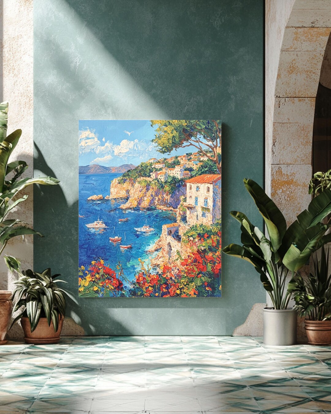 Mediterranean Coastal Canvas Print: Beach House Wall Art - Etsy