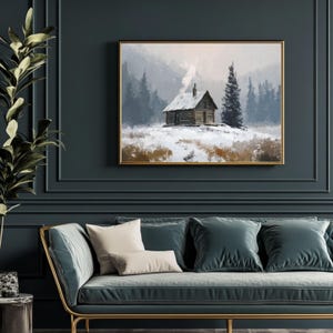 Snowy Cabin Wall Art – Foggy Winter Forest Canvas, Cozy Pine Tree Landscape, Painterly Rustic Decor, Neutral Winter Scene Print
