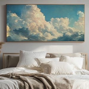Moody Cloudy Sky Framed Oil Painting Canvas Print, Long Horizontal Peaceful Sky Print, Panoramic Vintage Serene Cloud Wall Art,Ready To Hang
