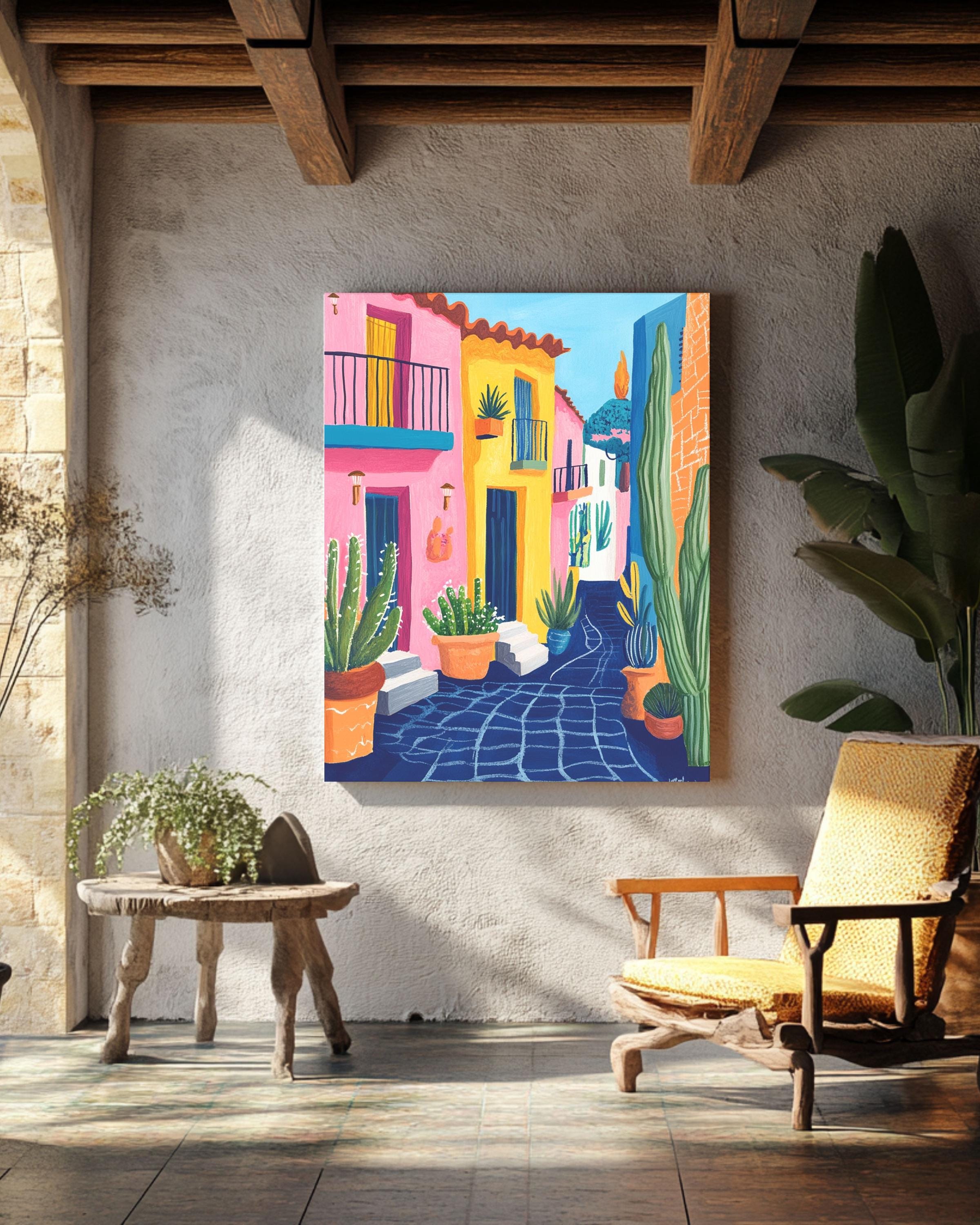 手描き抽象画 村の風景　カラフルなメキシコの民俗画　村の生活を描いたアート Mexican Village Canvas Wall Art: Colorful Mexico Landscape Print