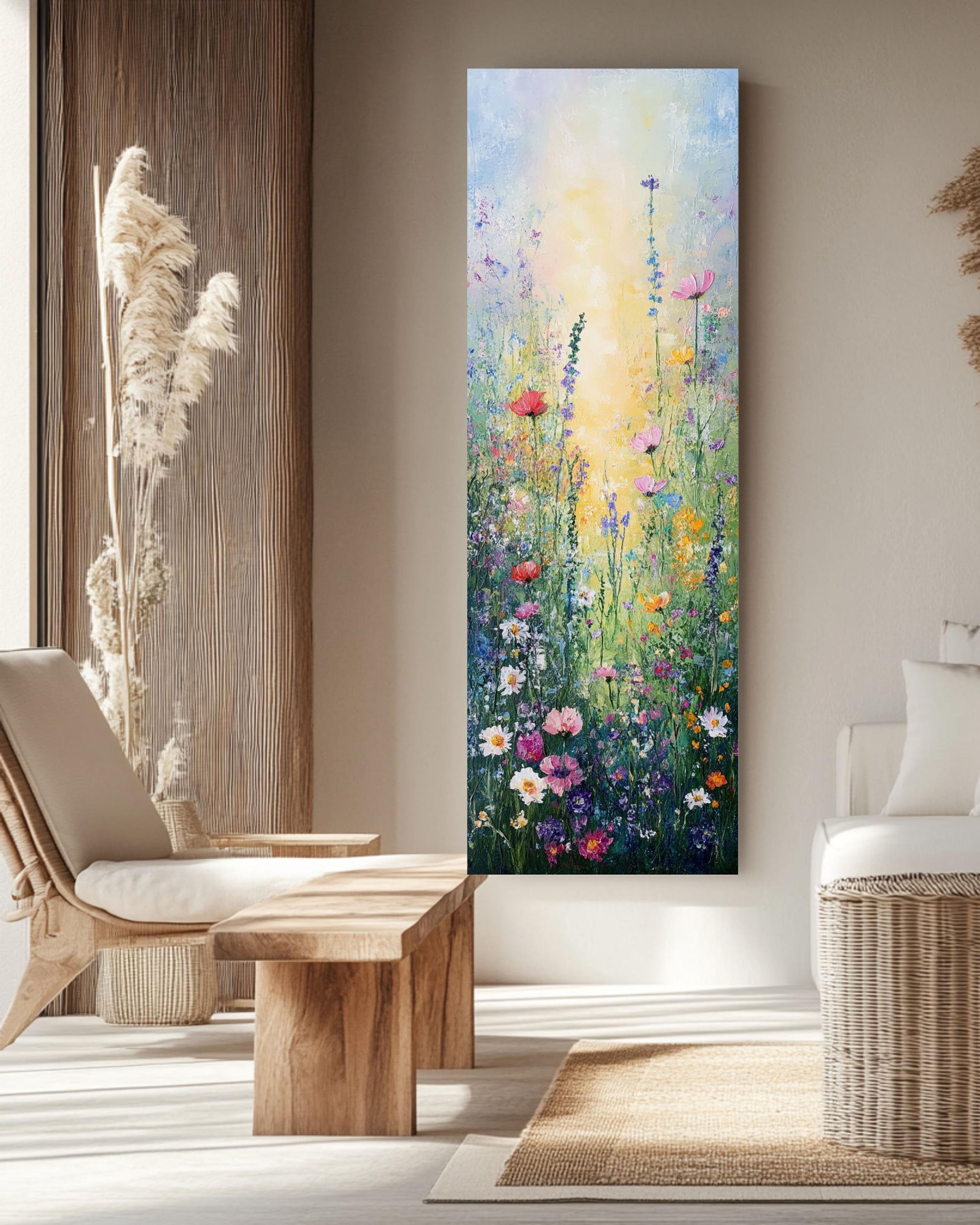 静かな野花の草原のキャンバスアート、なだらかな丘と田園風景、自然