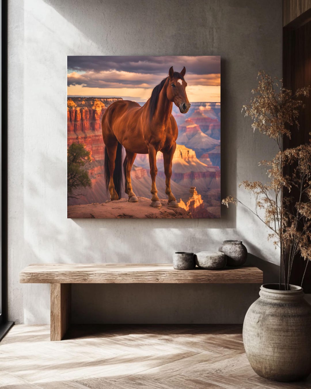Chestnut Horse Canvas Wall Art: Grand Canyon Sunset, Farmhouse