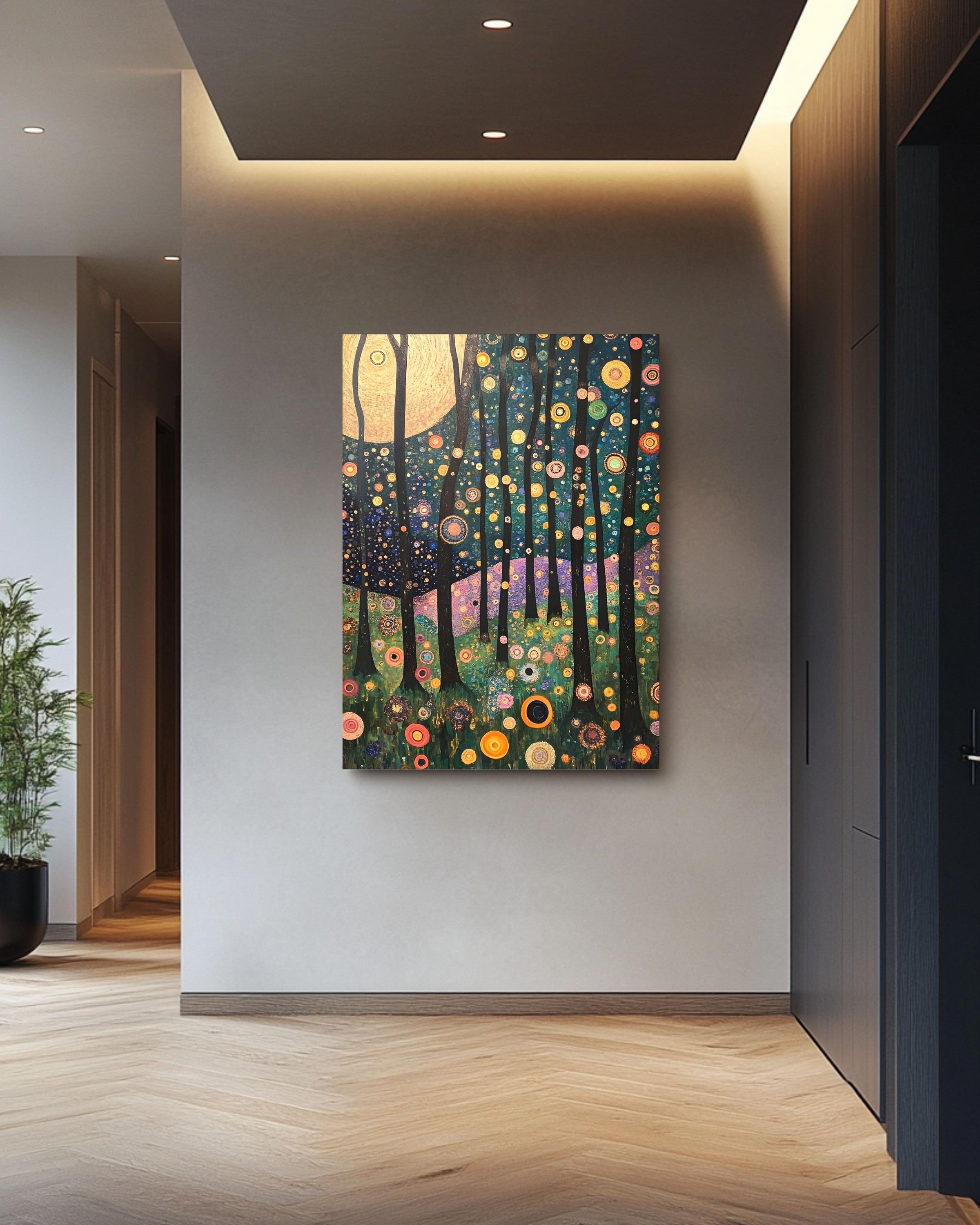 クリムト風の森のキャンバスアート：黄金の木の抽象的な風景画 - Etsy 日本