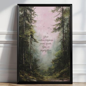May include: A framed forest landscape painting with a black frame. The artwork depicts a path through a misty forest with tall trees and a pink and light blue sky. The text "Your custom scripture, poem, quote, lyric, or saying here" is written on the painting.